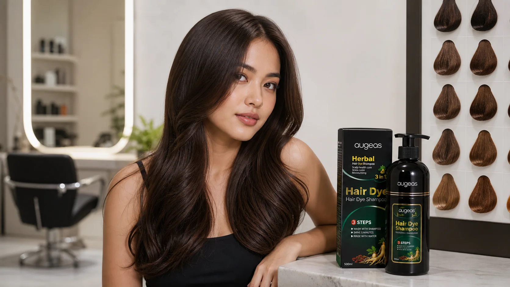 AUGEAS hair color guidance lifestyle scene with product display