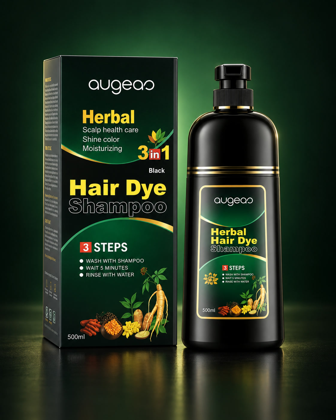 AUGEAS 500ml Herbal Hair Dye Shampoo bottle and pack with the pump outlet facing forward